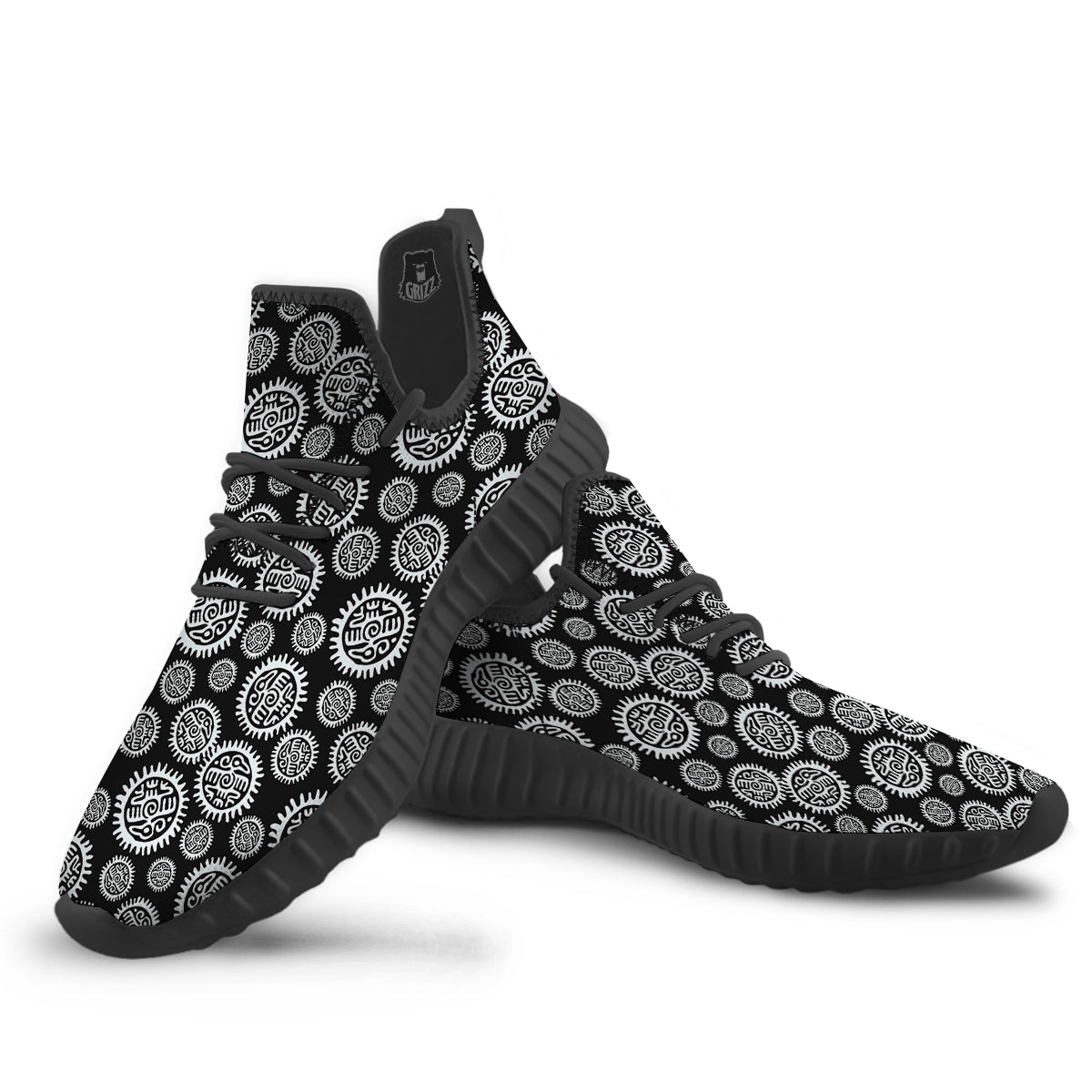 Black And White Aztec Mayan Eagle Print Pattern Black Walking Shoes-grizzshop