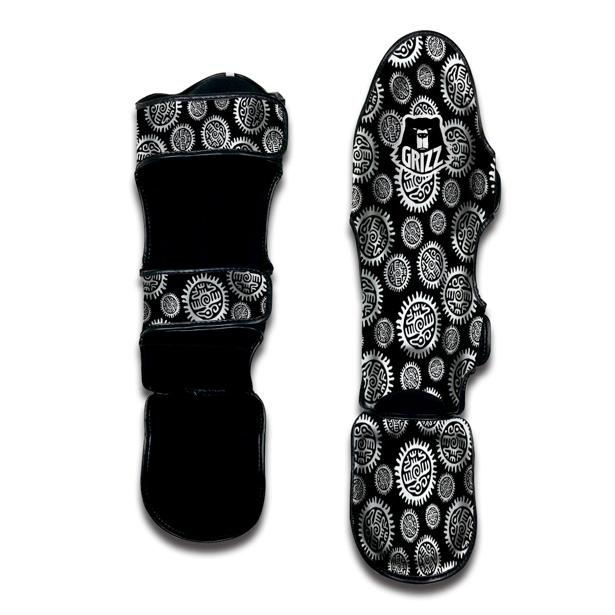 Black And White Aztec Mayan Eagle Print Pattern Muay Thai Shin Guards-grizzshop
