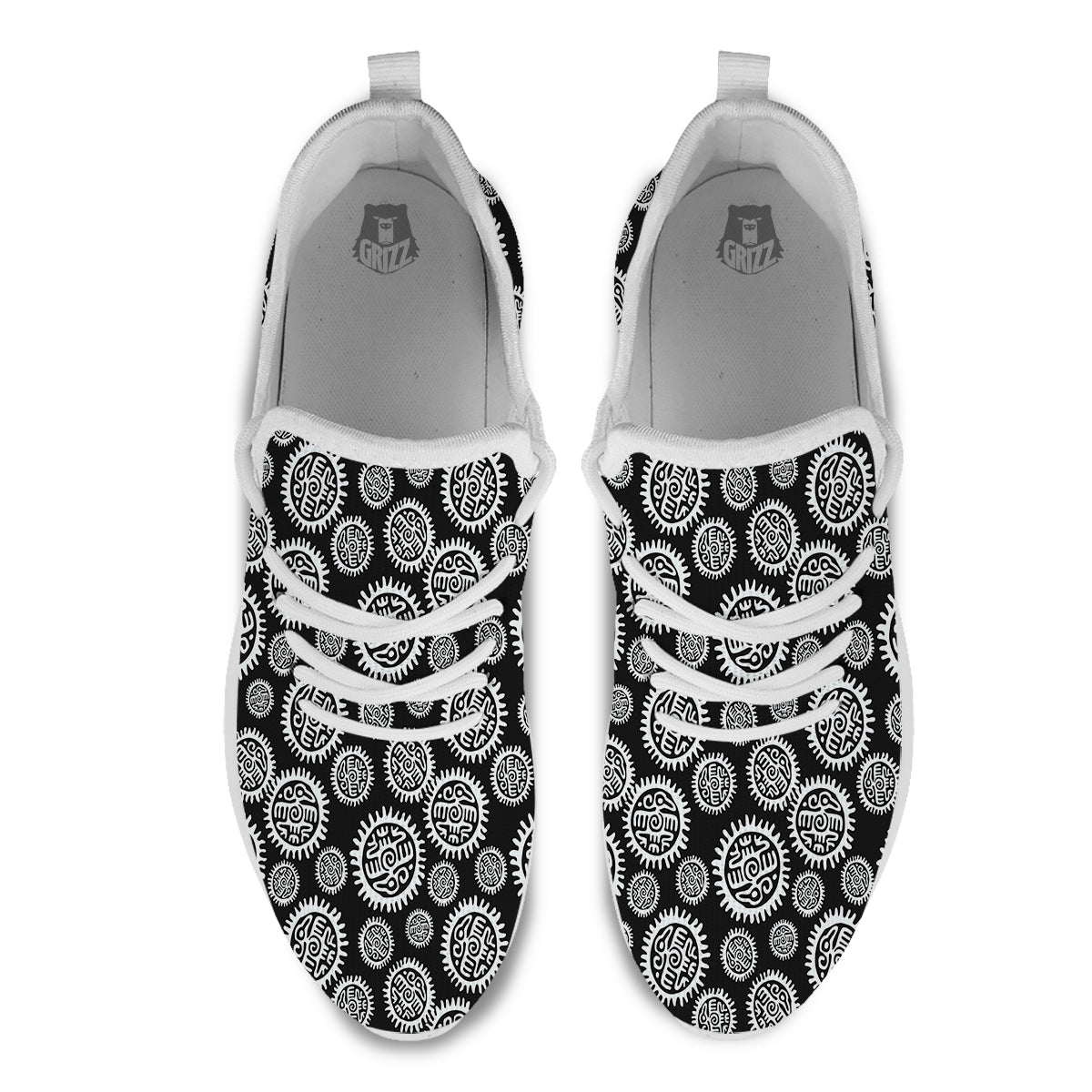 Black And White Aztec Mayan Eagle Print Pattern White Athletic Shoes-grizzshop