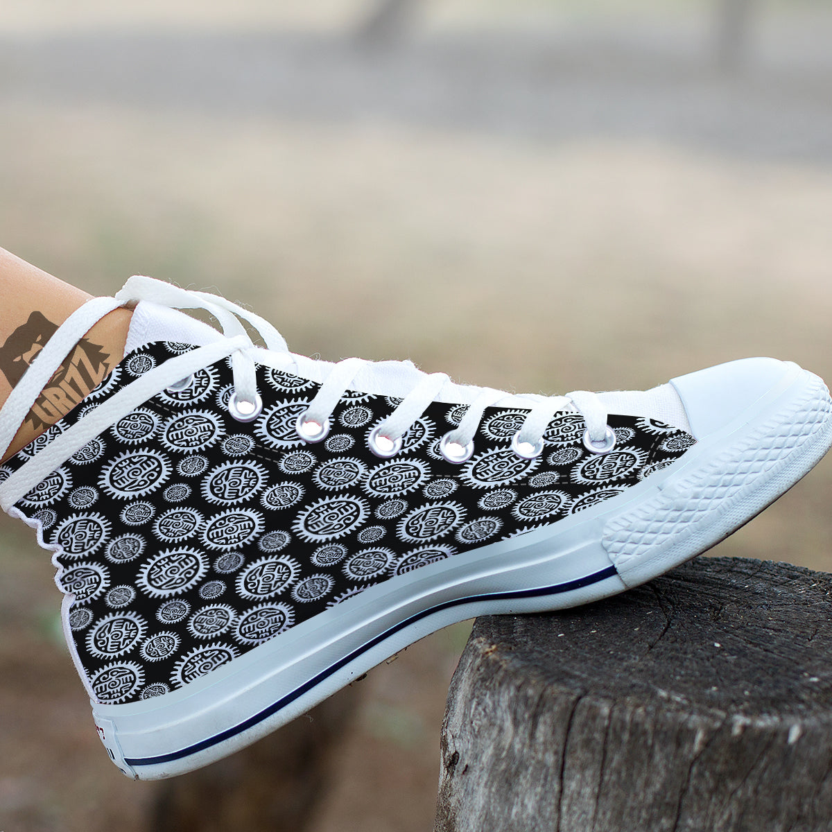 Black And White Aztec Mayan Eagle Print Pattern White High Top Shoes-grizzshop