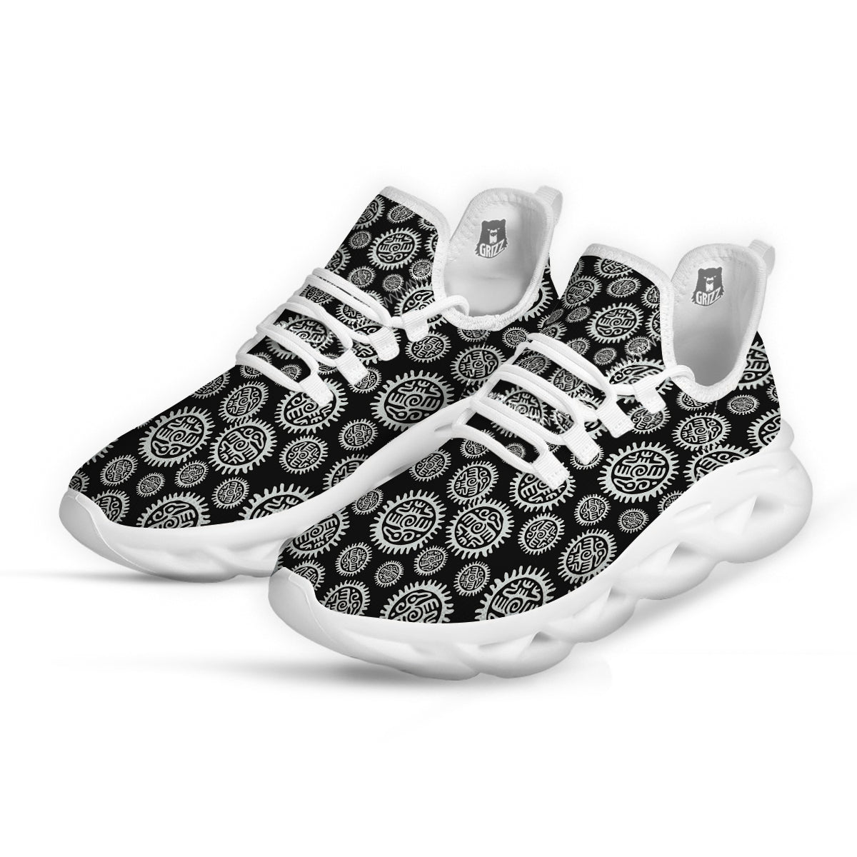 Black And White Aztec Mayan Eagle Print Pattern White Running Shoes-grizzshop