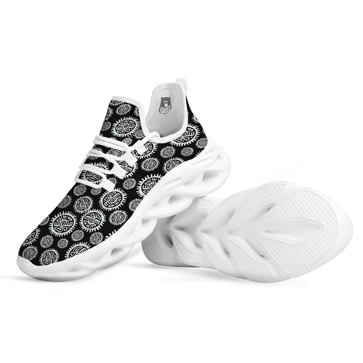 Black And White Aztec Mayan Eagle Print Pattern White Running Shoes-grizzshop