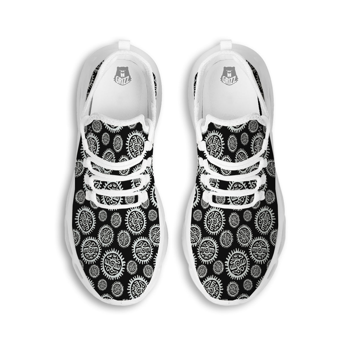 Black And White Aztec Mayan Eagle Print Pattern White Running Shoes-grizzshop