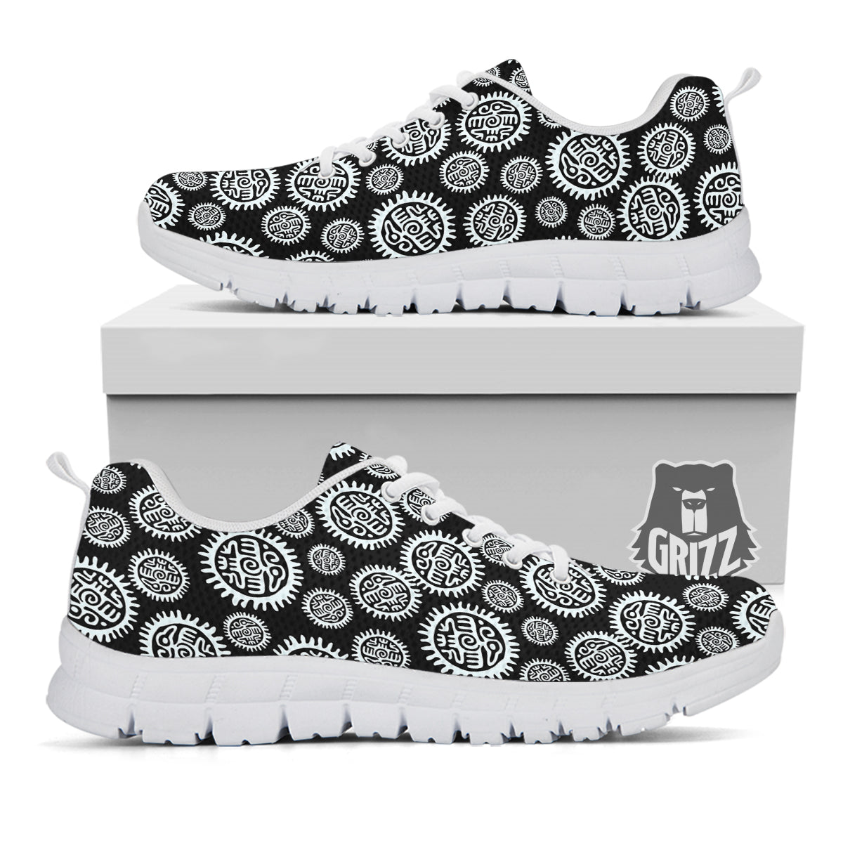 Black And White Aztec Mayan Eagle Print Pattern White Sneaker-grizzshop