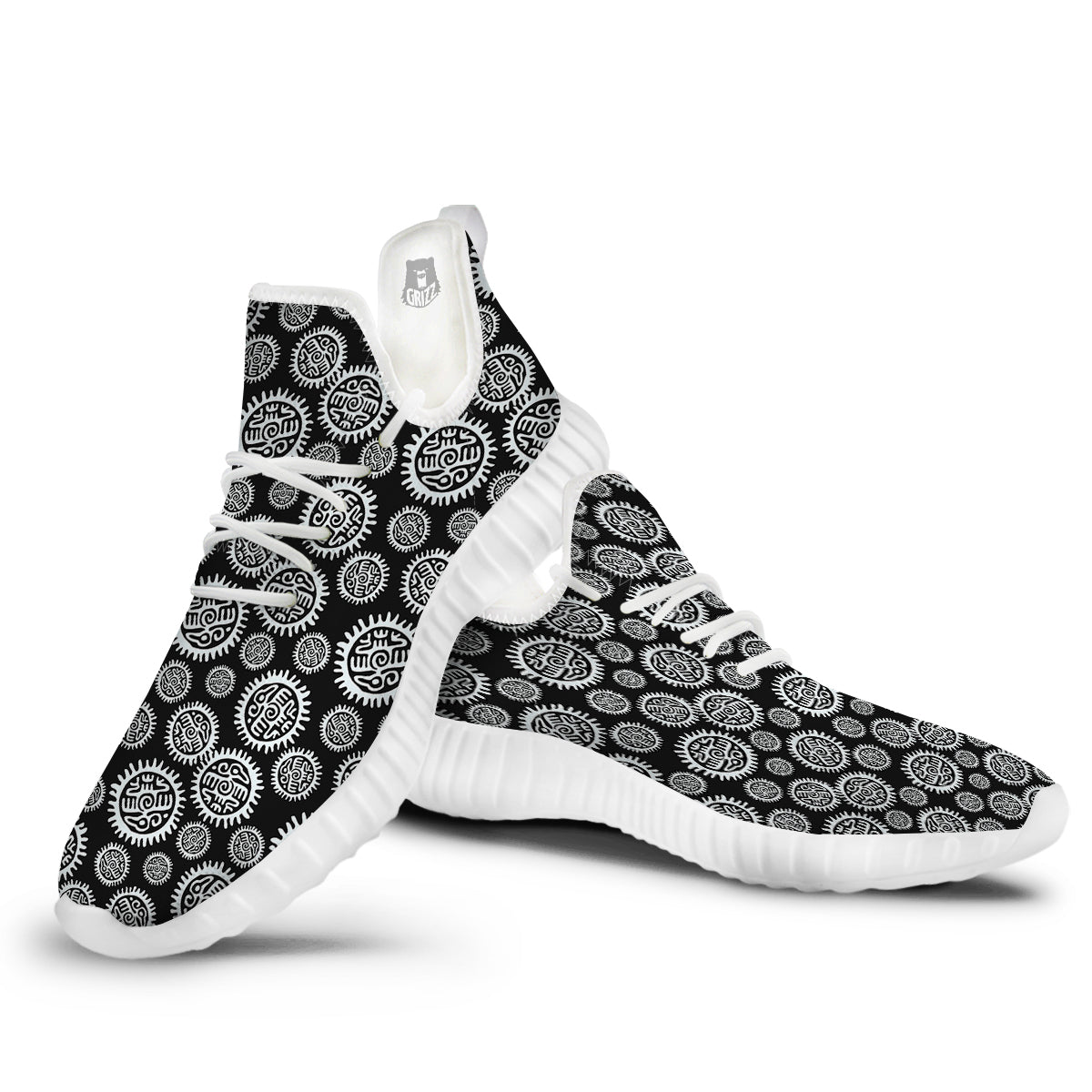 Black And White Aztec Mayan Eagle Print Pattern White Walking Shoes-grizzshop