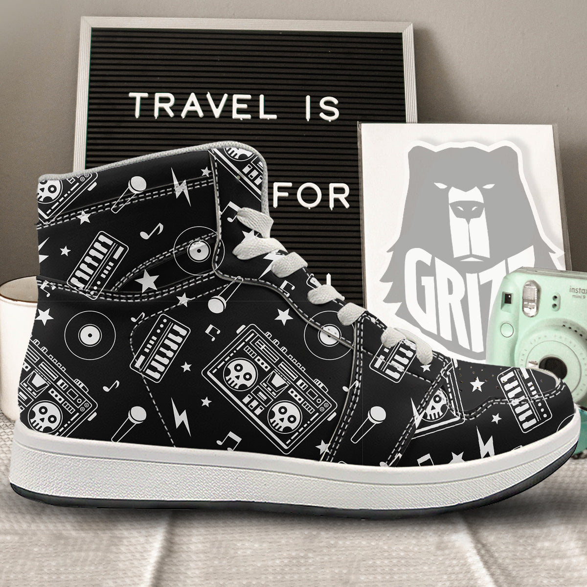 Black And White Boombox Print Pattern High Top Sneakers-grizzshop