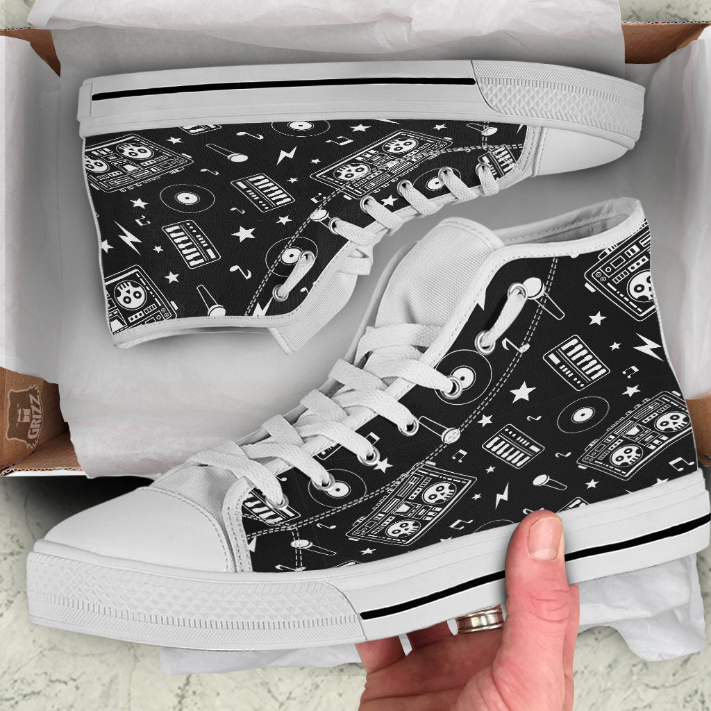 Black And White Boombox Print Pattern White High Top Shoes-grizzshop