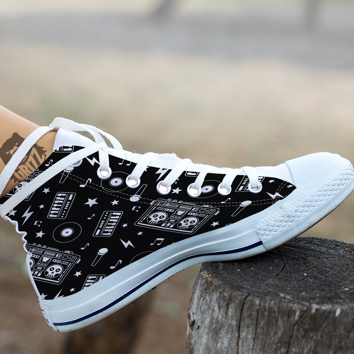 Black And White Boombox Print Pattern White High Top Shoes-grizzshop