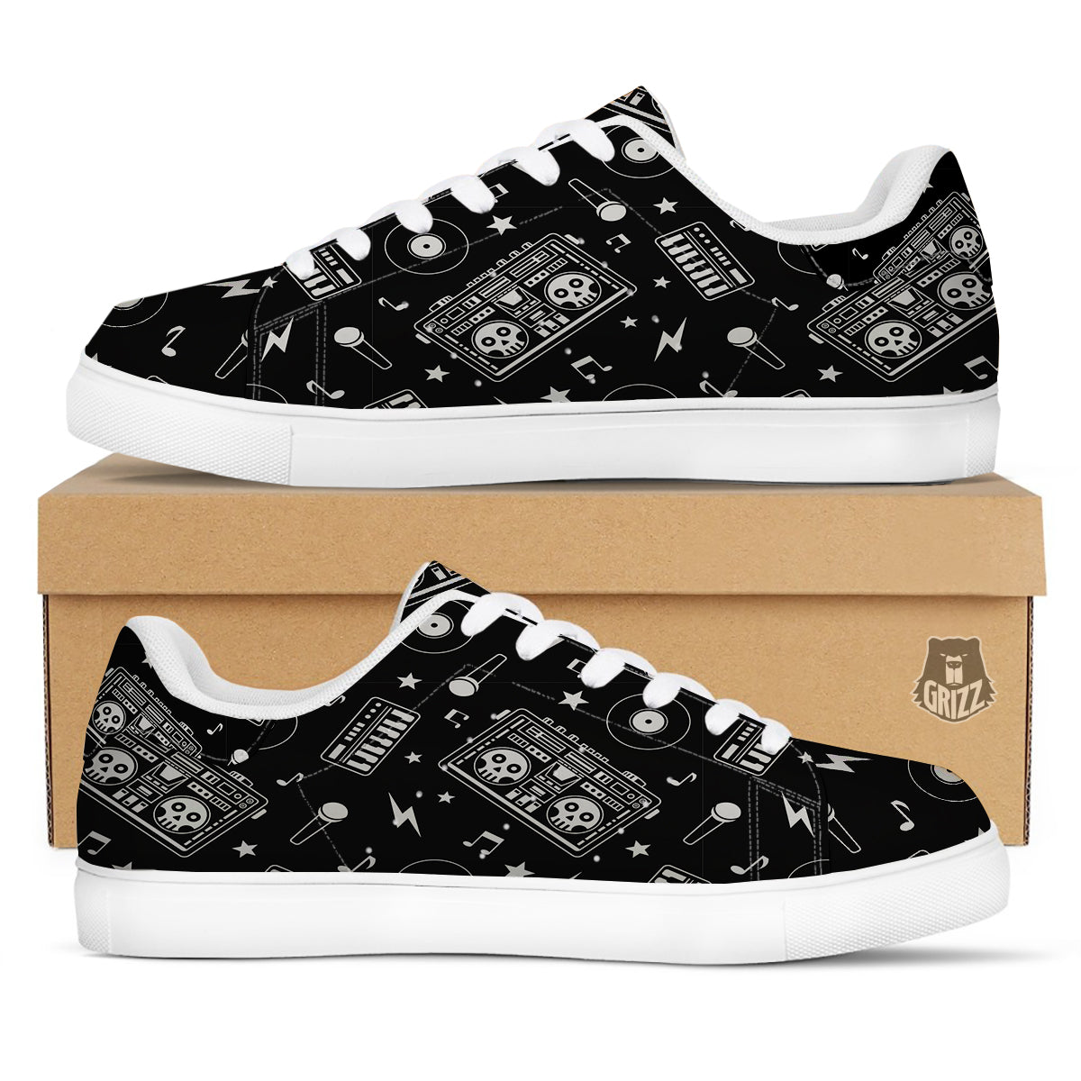 Black And White Boombox Print Pattern White Low Top Sneakers-grizzshop