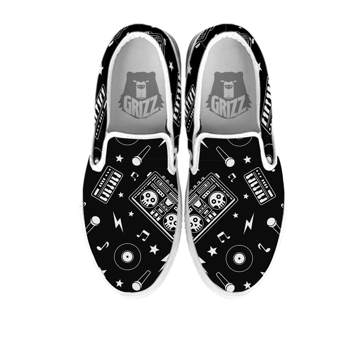 Black And White Boombox Print Pattern White Slip On Shoes-grizzshop