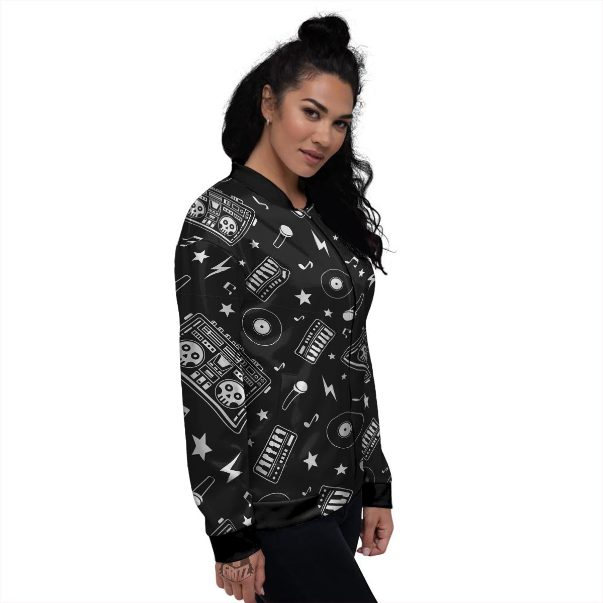 Black And White Boombox Print Pattern Women's Bomber Jacket-grizzshop
