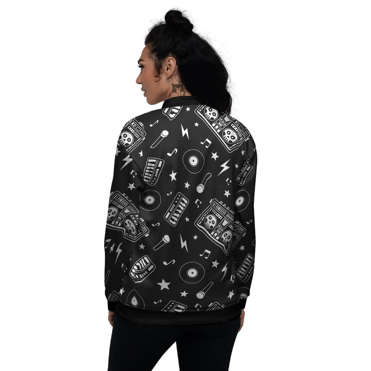 Black And White Boombox Print Pattern Women's Bomber Jacket-grizzshop