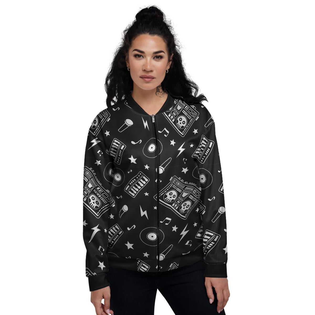 Black And White Boombox Print Pattern Women's Bomber Jacket-grizzshop