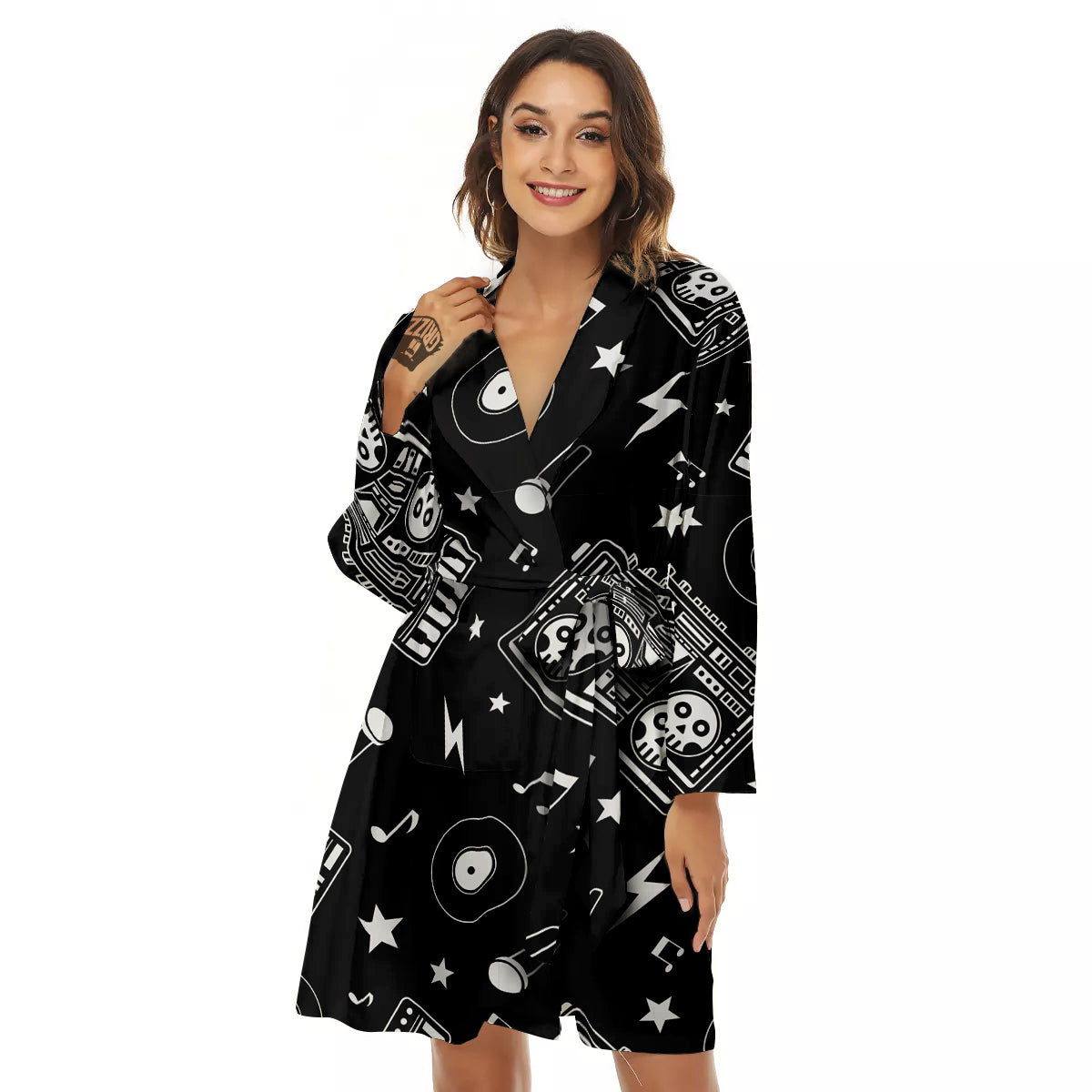 Black And White Boombox Print Pattern Women's Robe-grizzshop