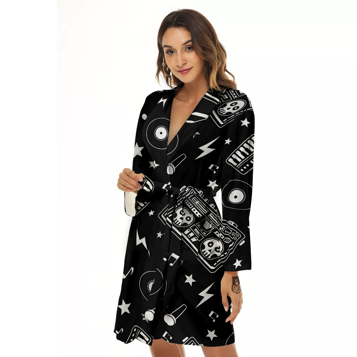 Black And White Boombox Print Pattern Women's Robe-grizzshop