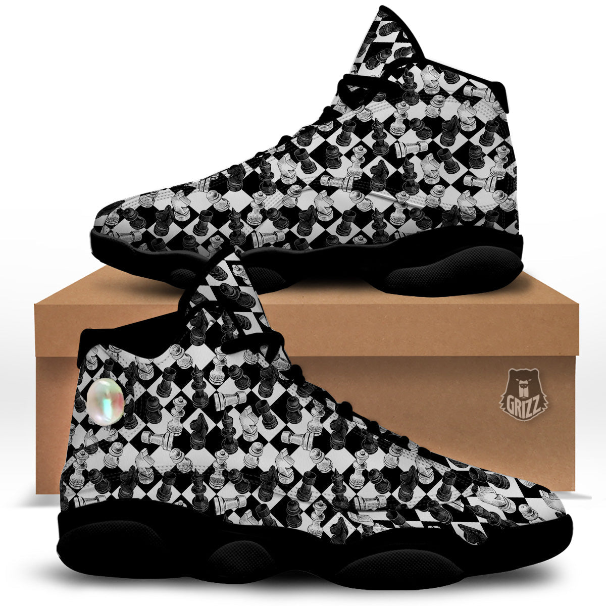 Black And White Chessboard Print Pattern Black Basketball Shoes-grizzshop
