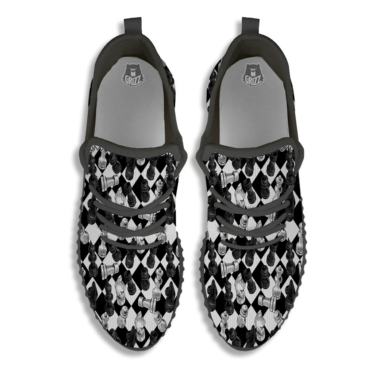 Black And White Chessboard Print Pattern Black Walking Shoes-grizzshop