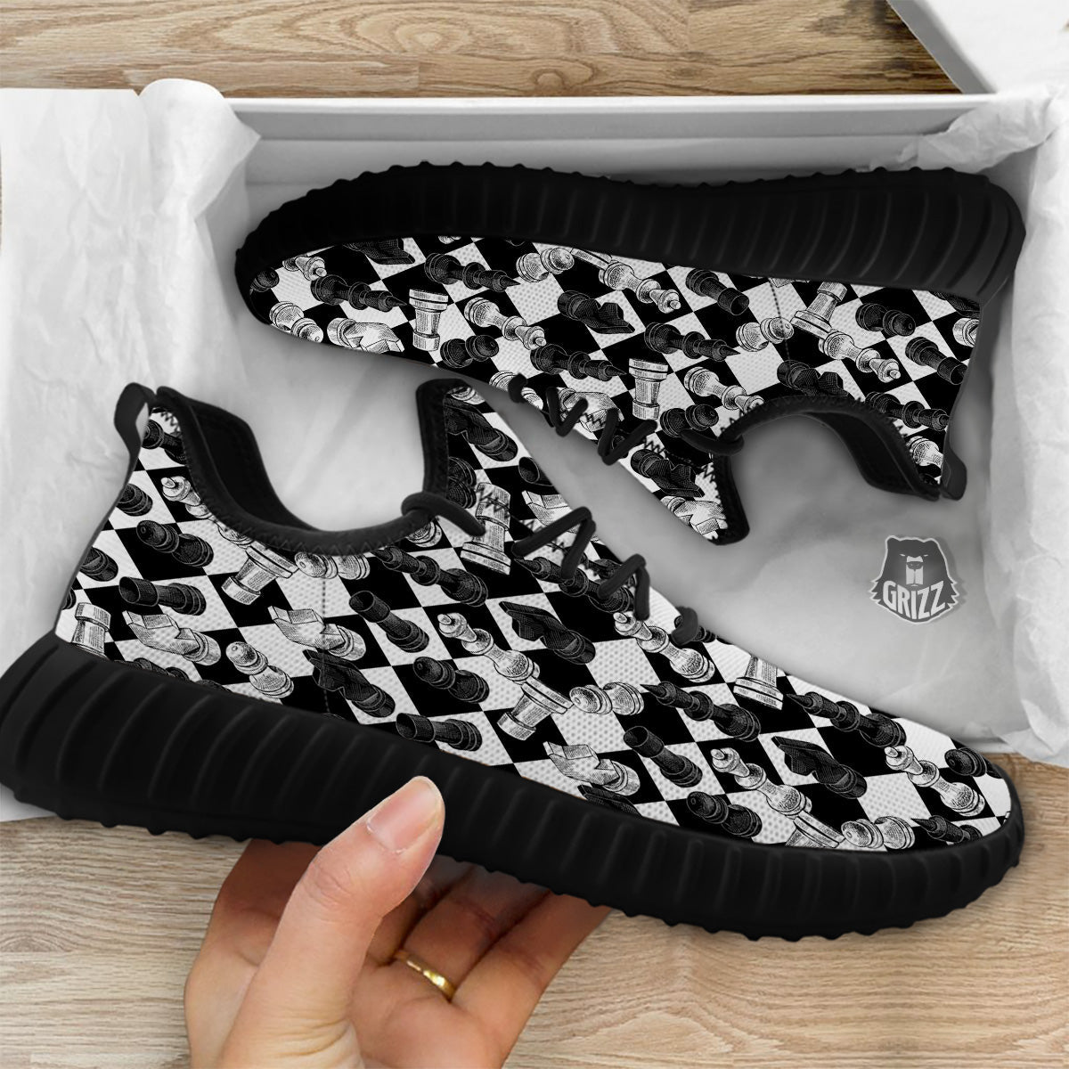 Black And White Chessboard Print Pattern Black Walking Shoes-grizzshop