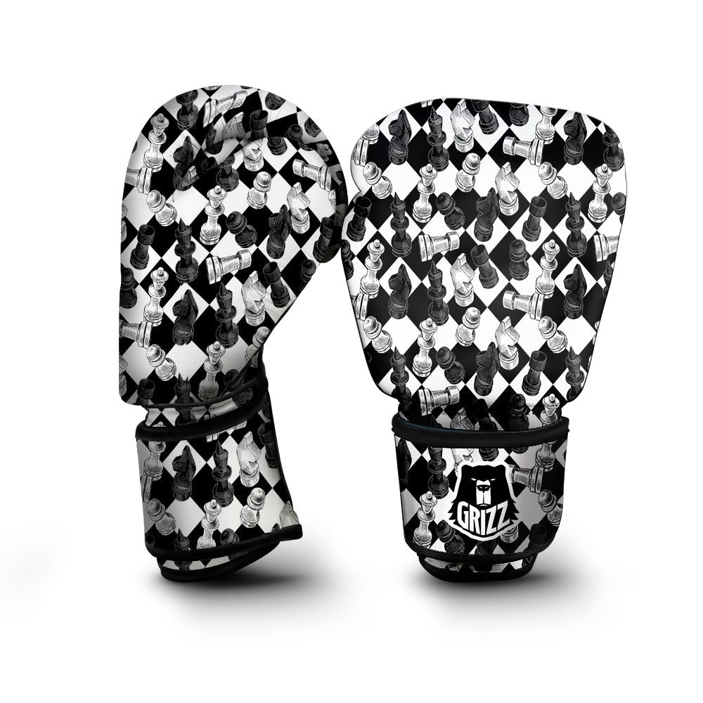 Black And White Chessboard Print Pattern Boxing Gloves-grizzshop