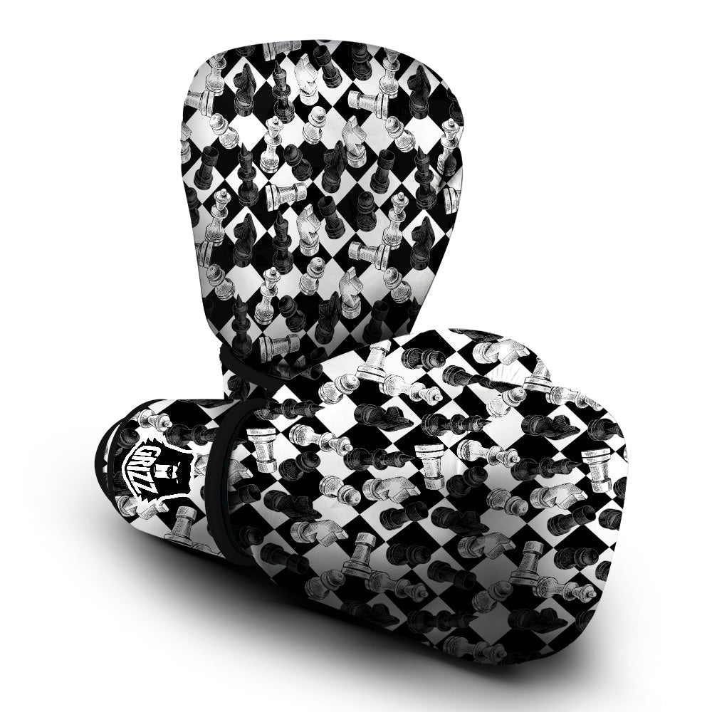 Black And White Chessboard Print Pattern Boxing Gloves-grizzshop