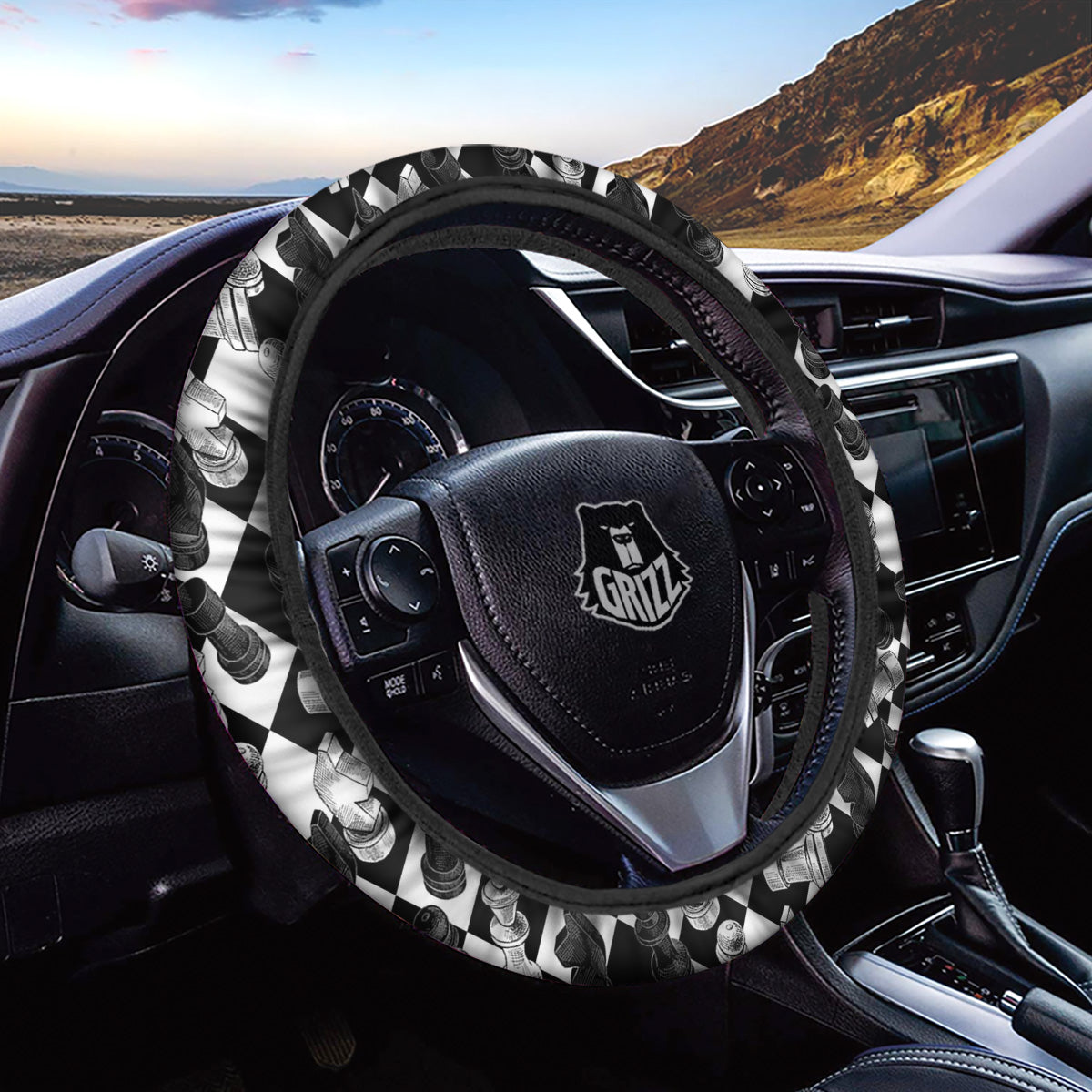 Black And White Chessboard Print Pattern Car Steering Wheel Cover-grizzshop
