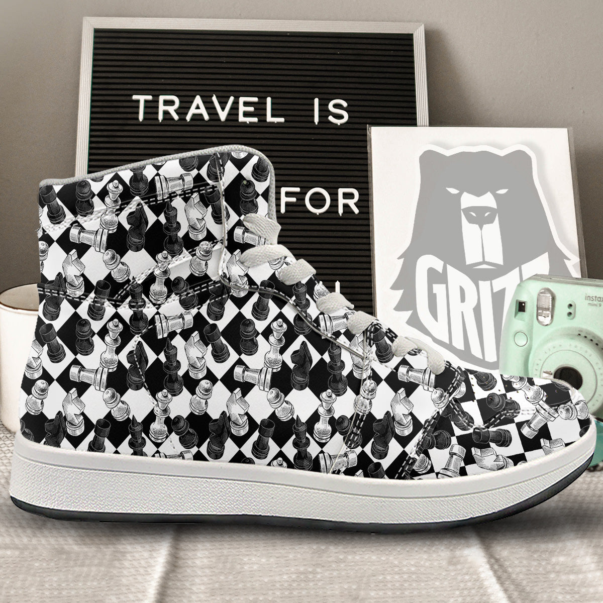 Black And White Chessboard Print Pattern High Top Sneakers-grizzshop