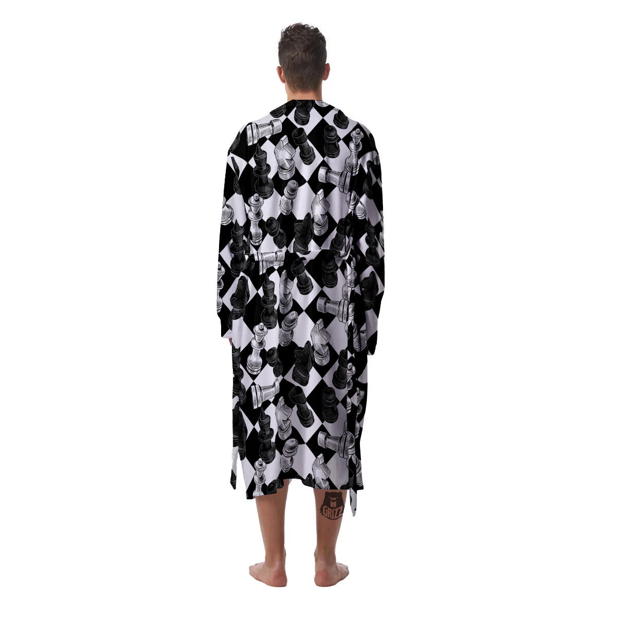 Black And White Chessboard Print Pattern Men's Robe-grizzshop