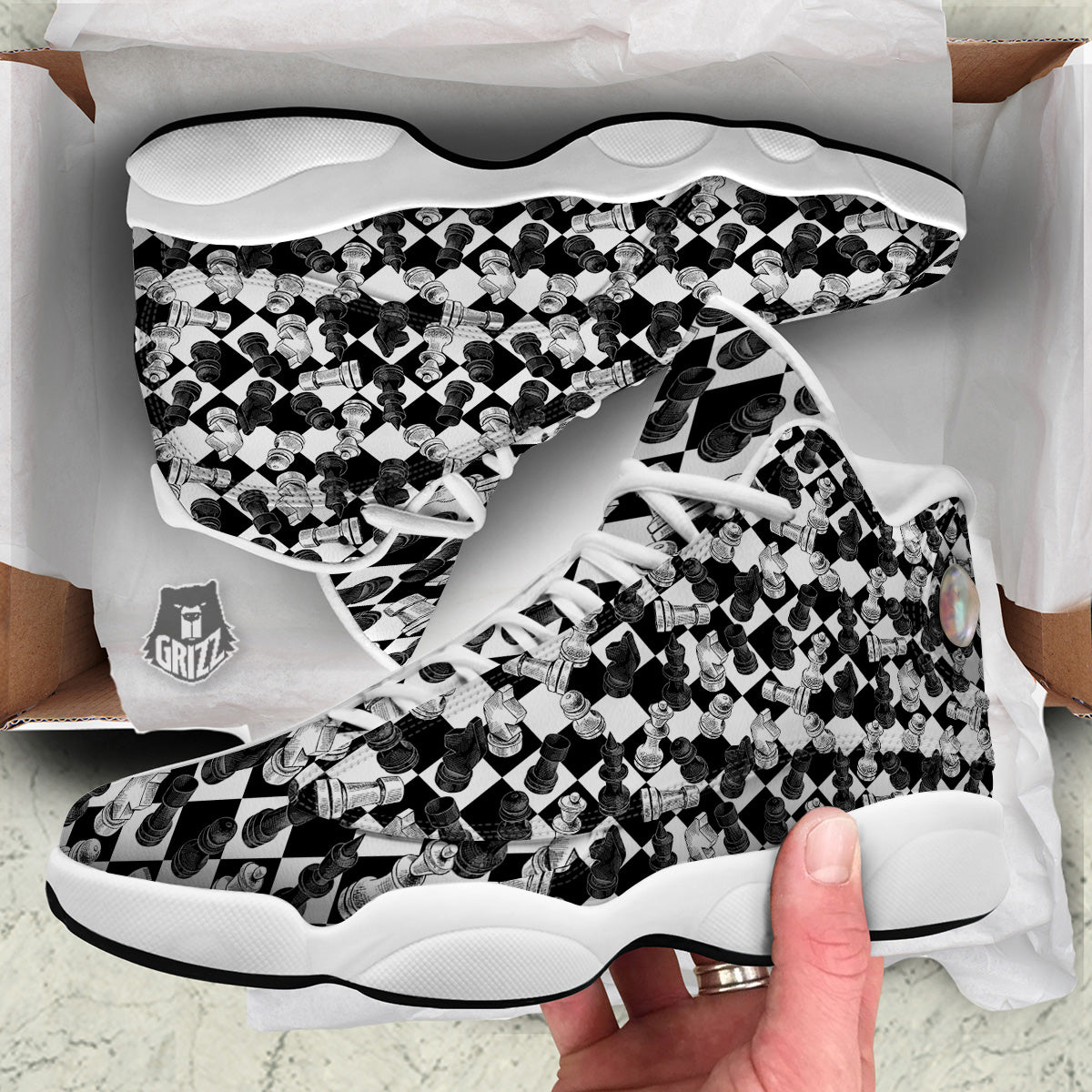 Black And White Chessboard Print Pattern White Basketball Shoes-grizzshop