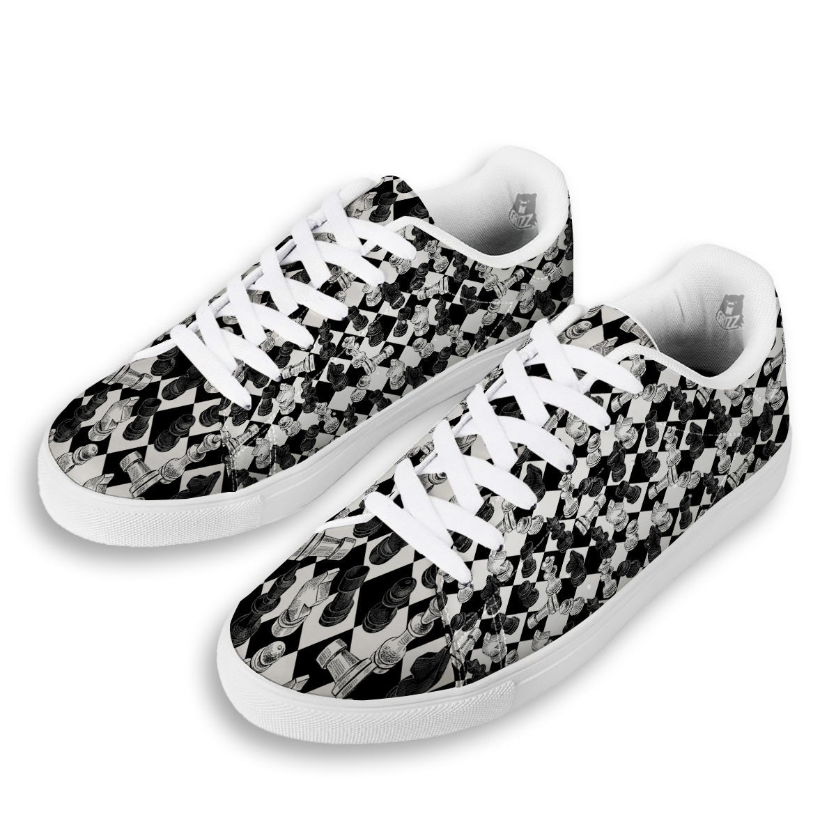 Black And White Chessboard Print Pattern White Low Top Sneakers-grizzshop