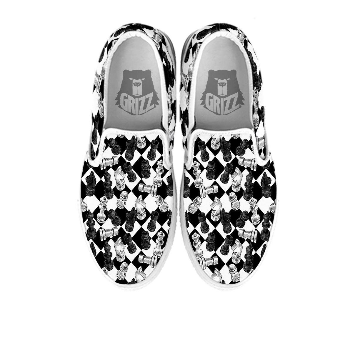 Black And White Chessboard Print Pattern White Slip On Shoes-grizzshop