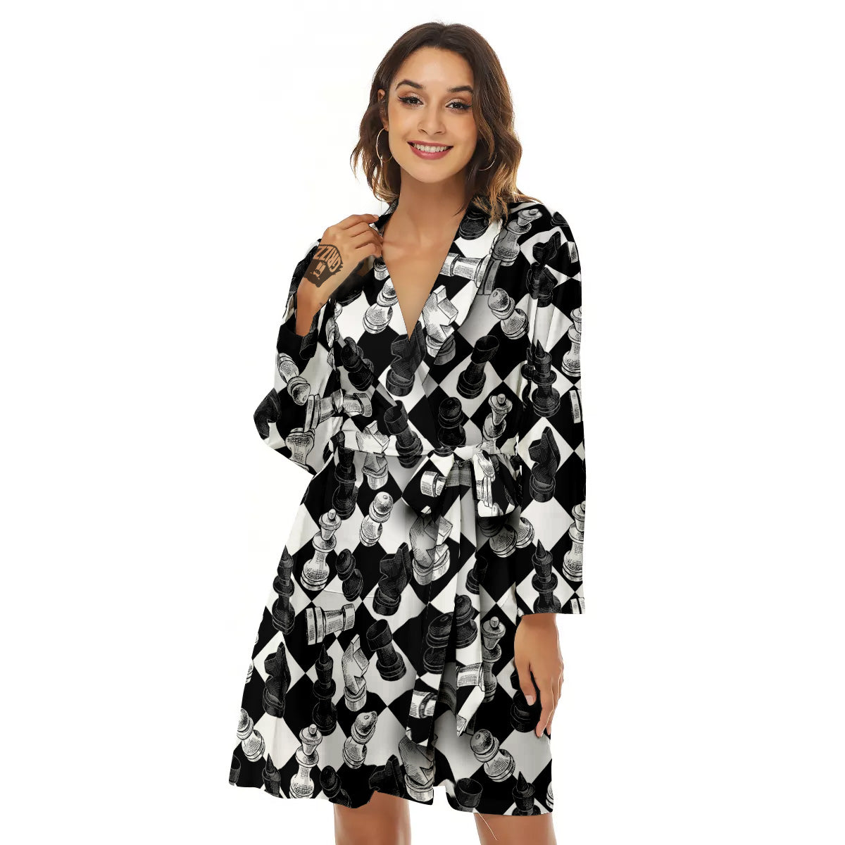 Black And White Chessboard Print Pattern Women's Robe-grizzshop
