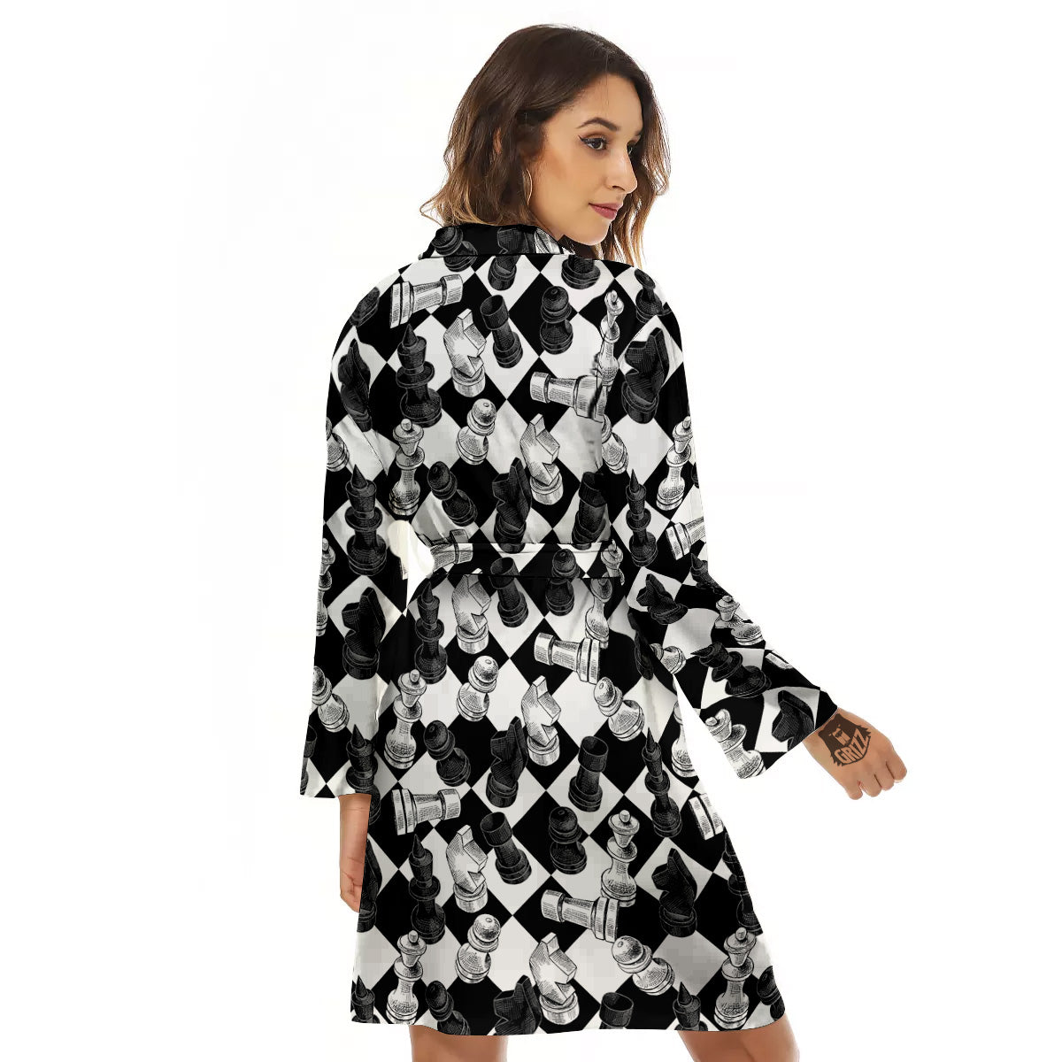 Black And White Chessboard Print Pattern Women's Robe-grizzshop