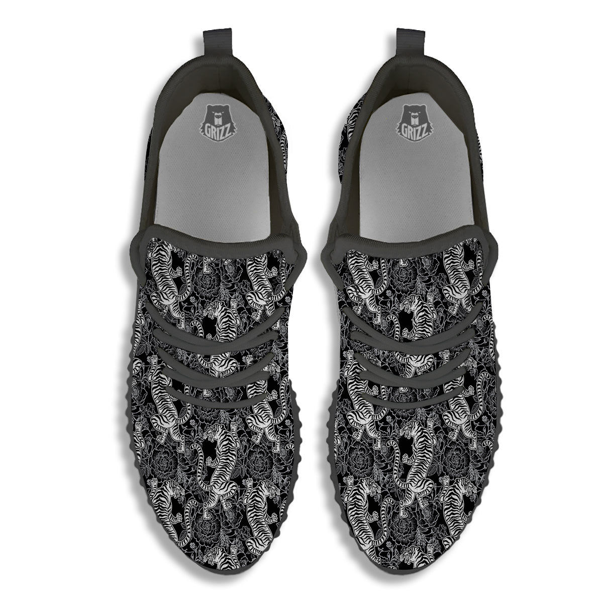 Black And White Chinese Tiger Print Pattern Black Walking Shoes-grizzshop