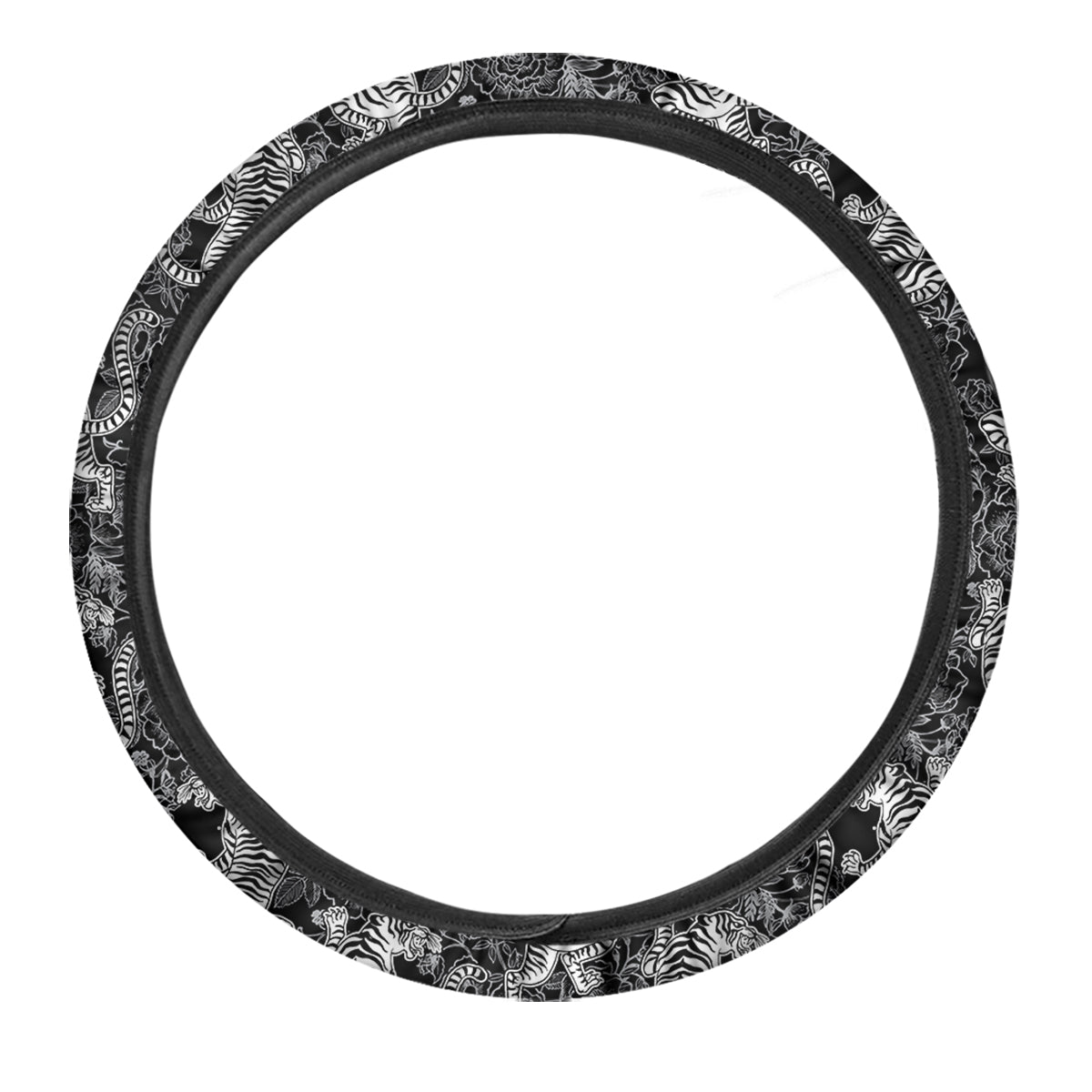 Black And White Chinese Tiger Print Pattern Car Steering Wheel Cover-grizzshop