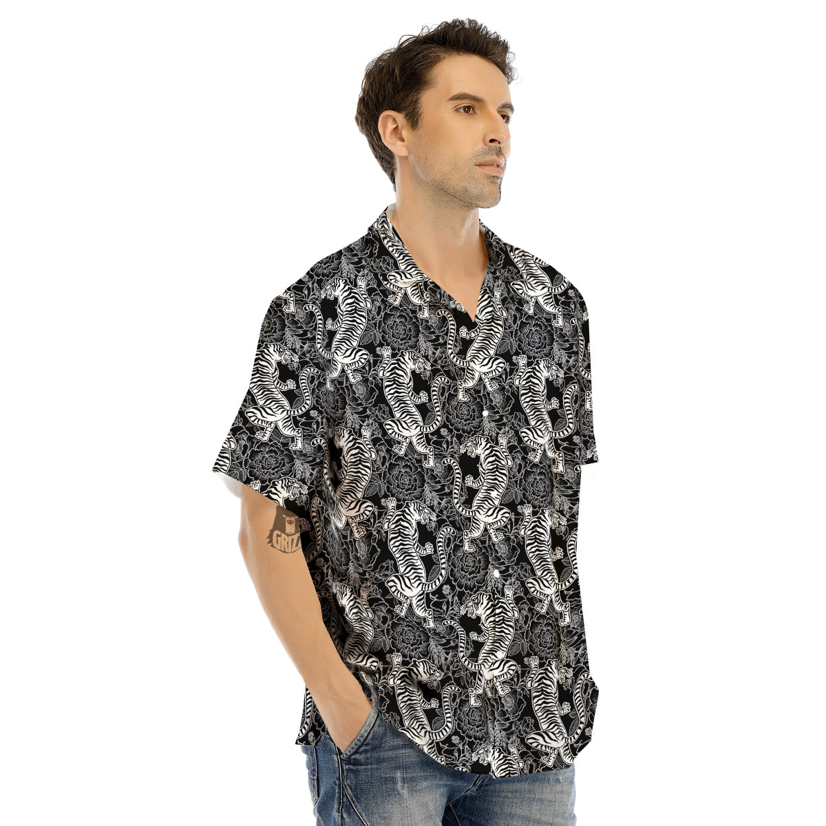 Black And White Chinese Tiger Print Pattern Men's Hawaiian Shirt-grizzshop