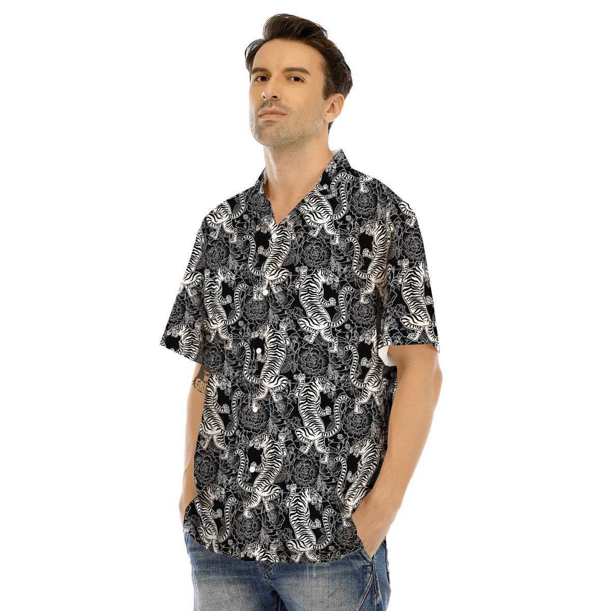 Black And White Chinese Tiger Print Pattern Men's Hawaiian Shirt-grizzshop