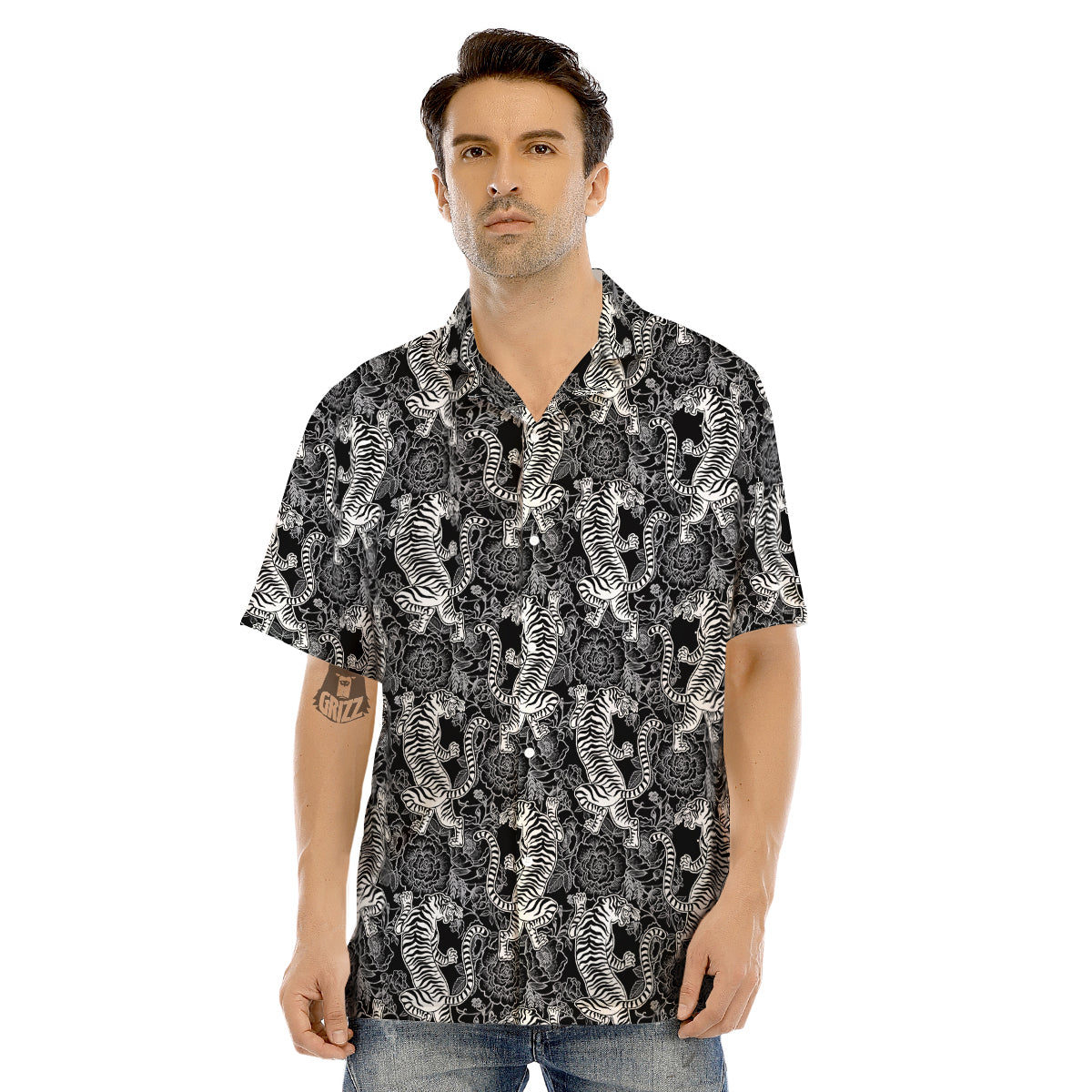 Black And White Chinese Tiger Print Pattern Men's Hawaiian Shirt-grizzshop