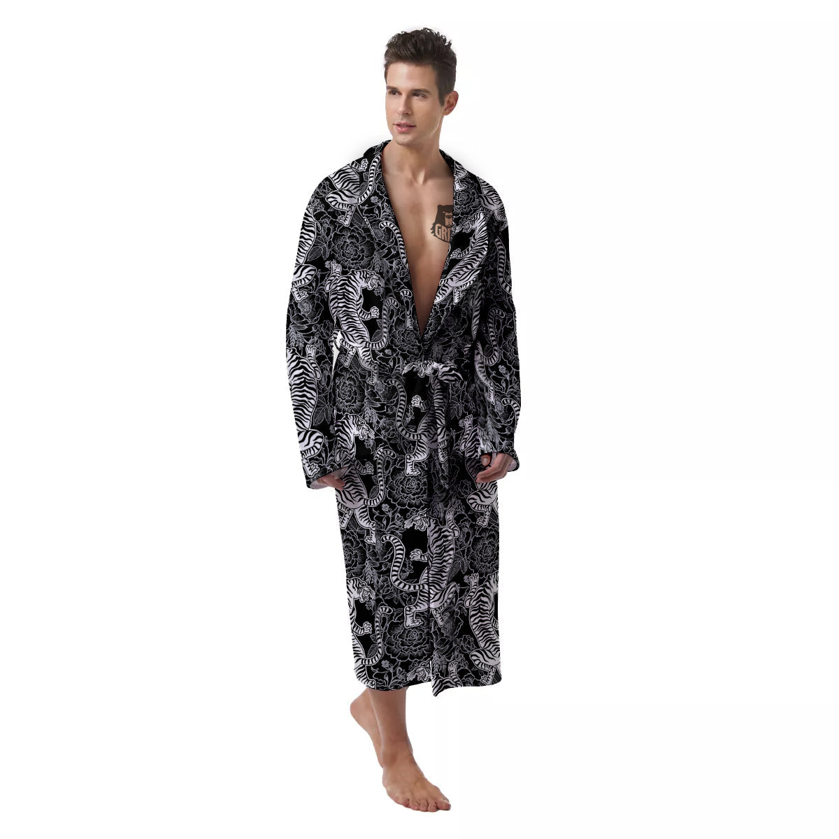 Black And White Chinese Tiger Print Pattern Men's Robe-grizzshop