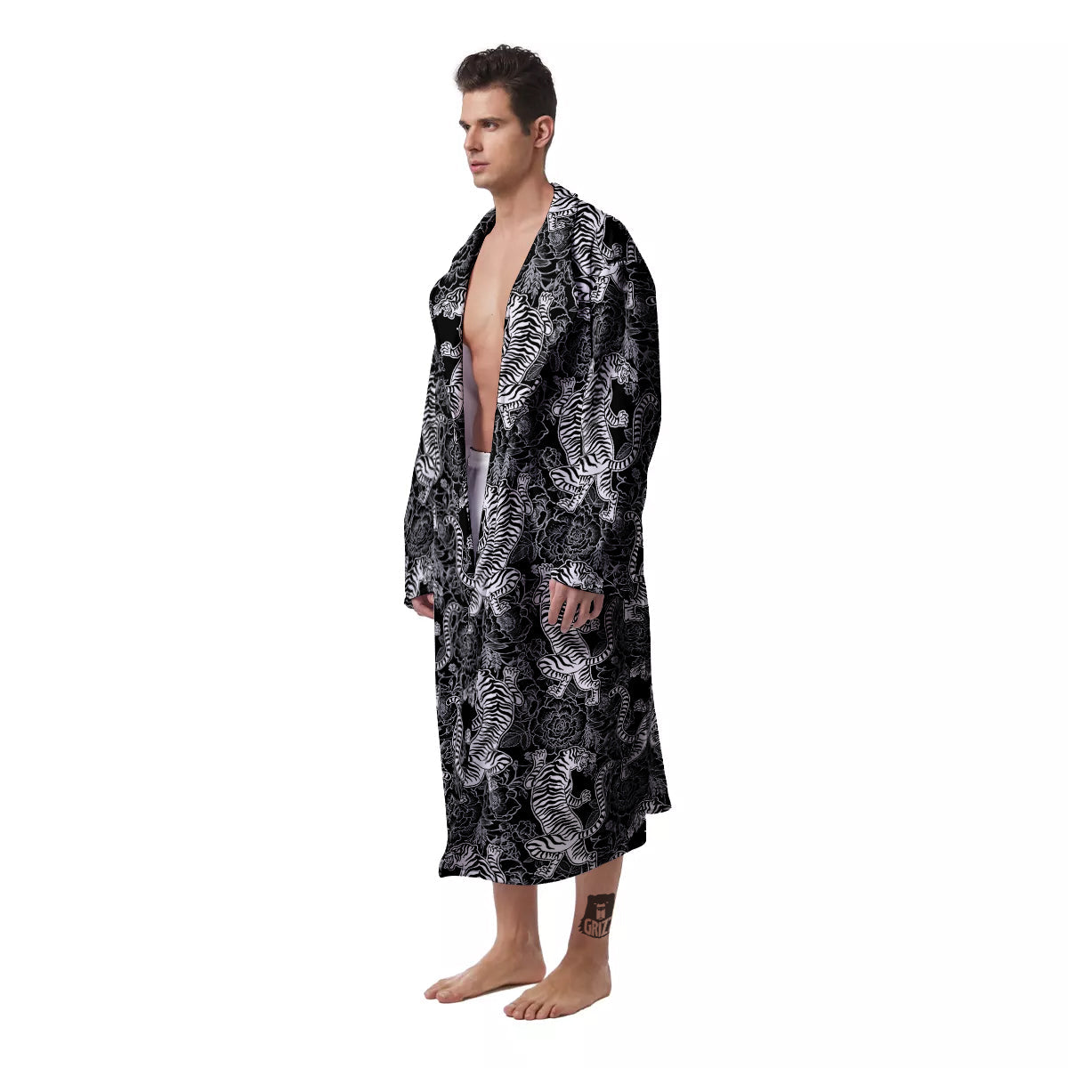 Black And White Chinese Tiger Print Pattern Men's Robe-grizzshop