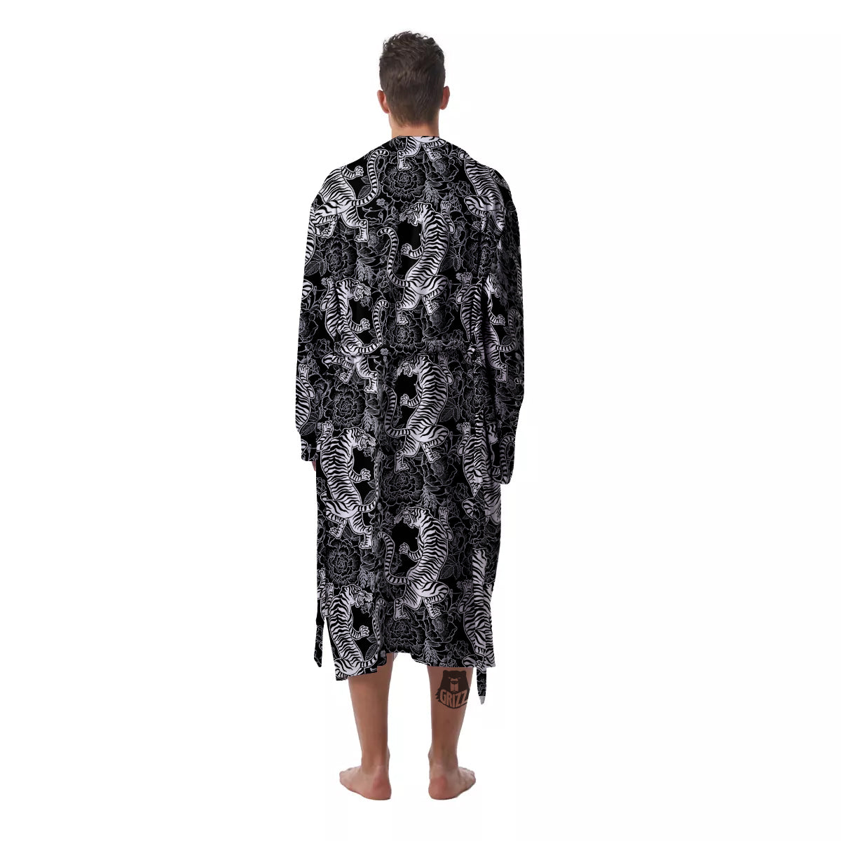 Black And White Chinese Tiger Print Pattern Men's Robe-grizzshop