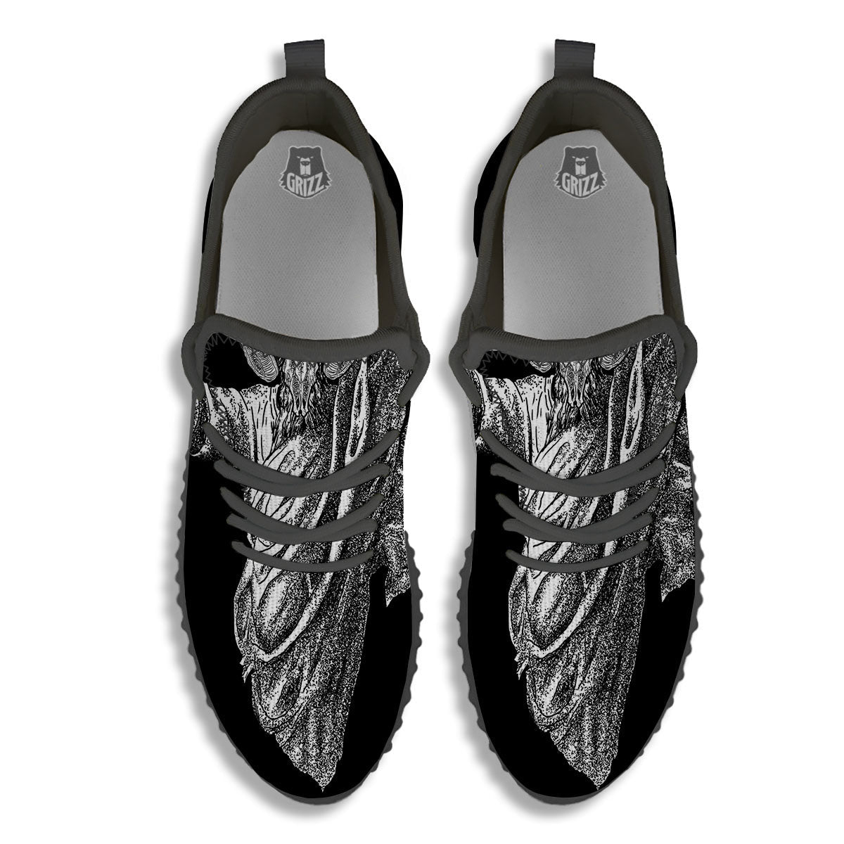 Black And White Demon Goat Print Black Walking Shoes-grizzshop