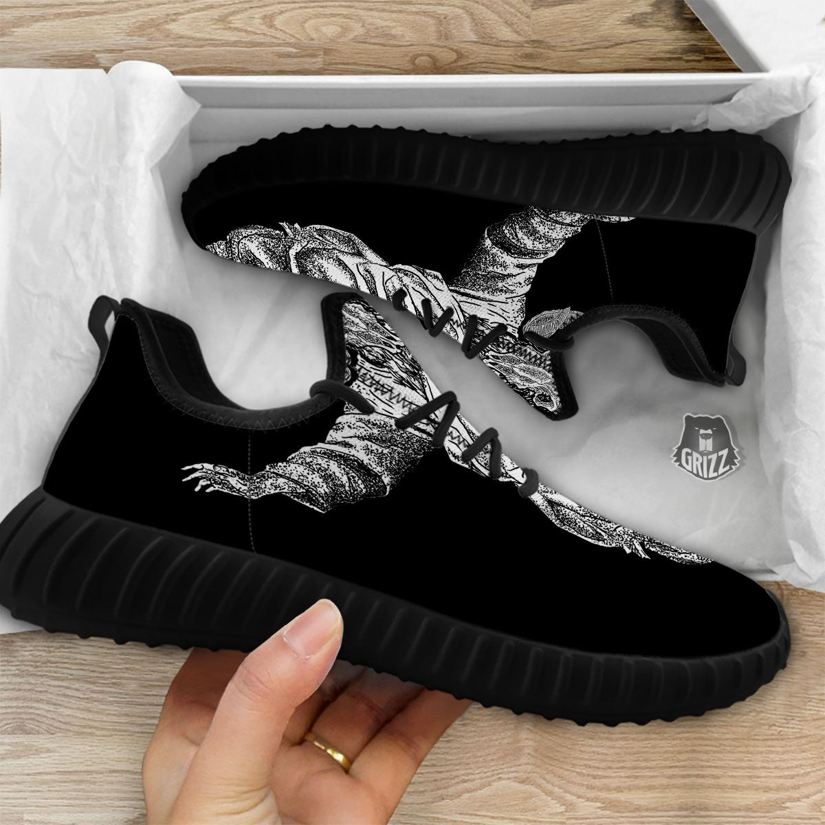 Black And White Demon Goat Print Black Walking Shoes-grizzshop