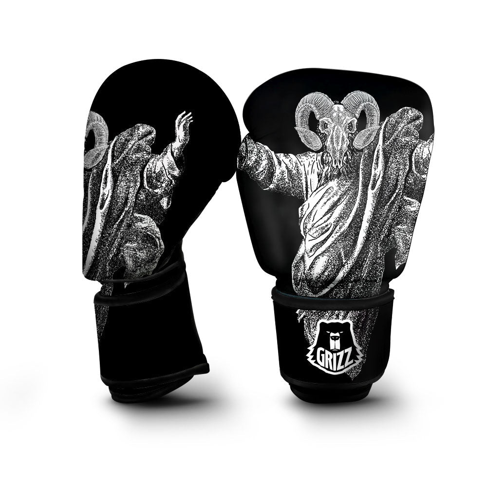 Black And White Demon Goat Print Boxing Gloves-grizzshop