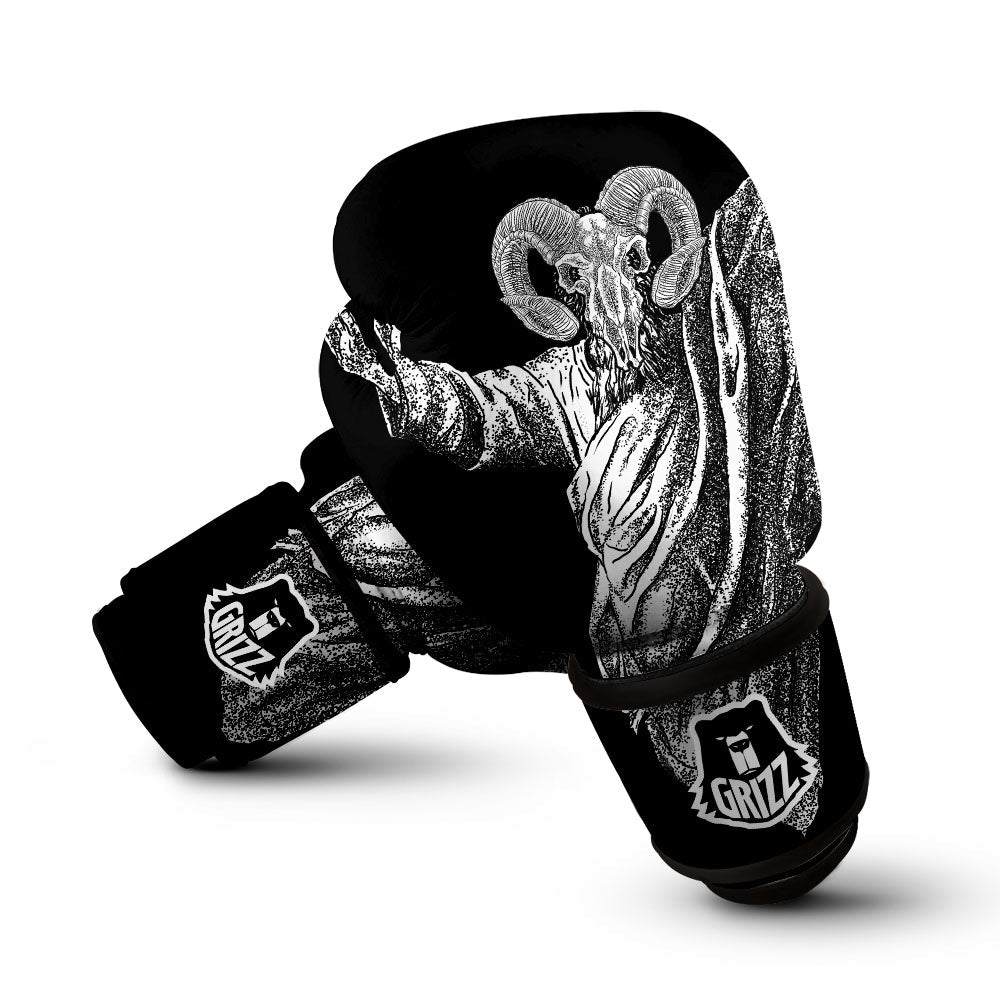 Black And White Demon Goat Print Boxing Gloves-grizzshop
