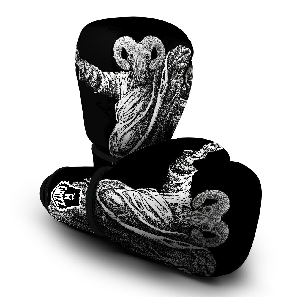 Black And White Demon Goat Print Boxing Gloves-grizzshop