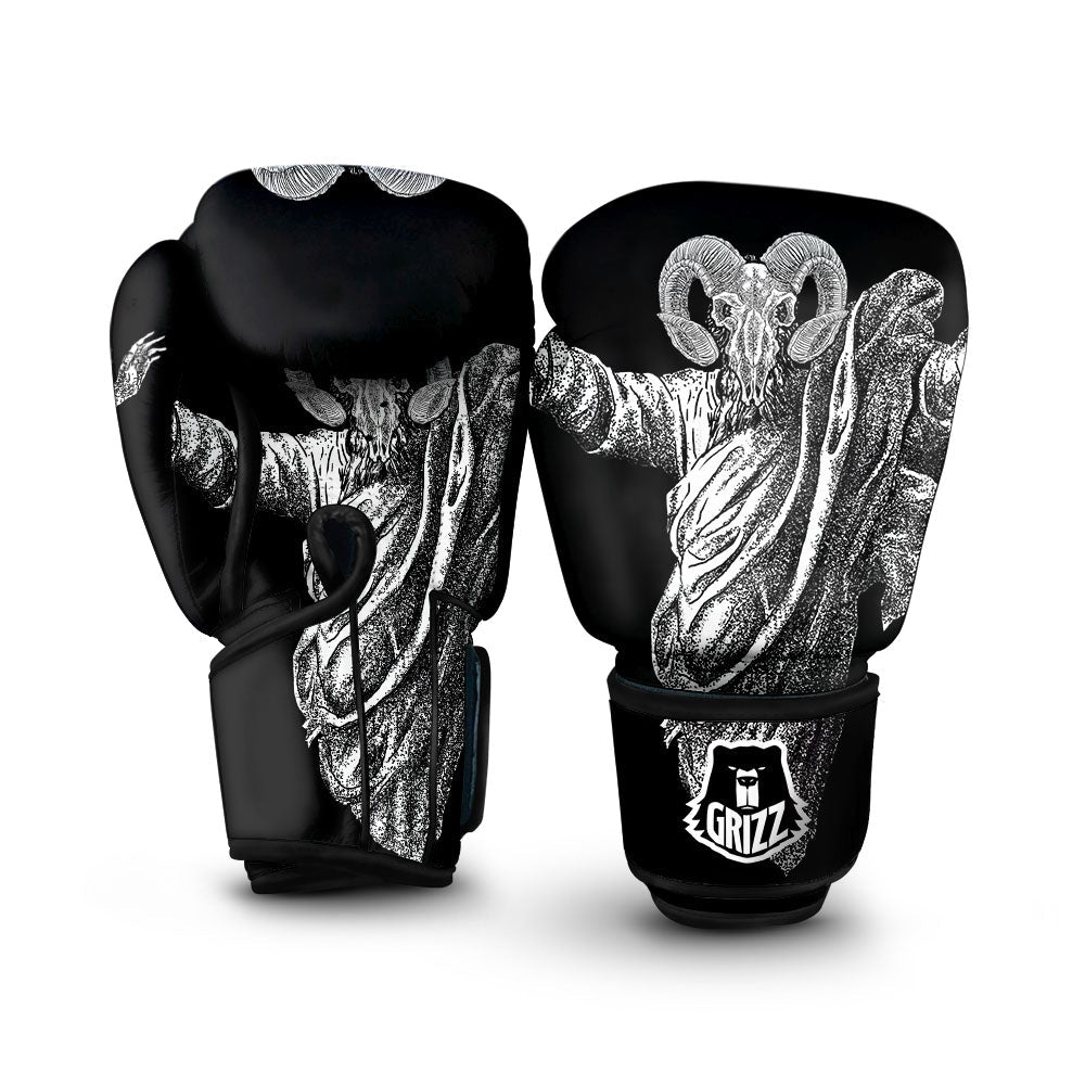 Black And White Demon Goat Print Boxing Gloves-grizzshop