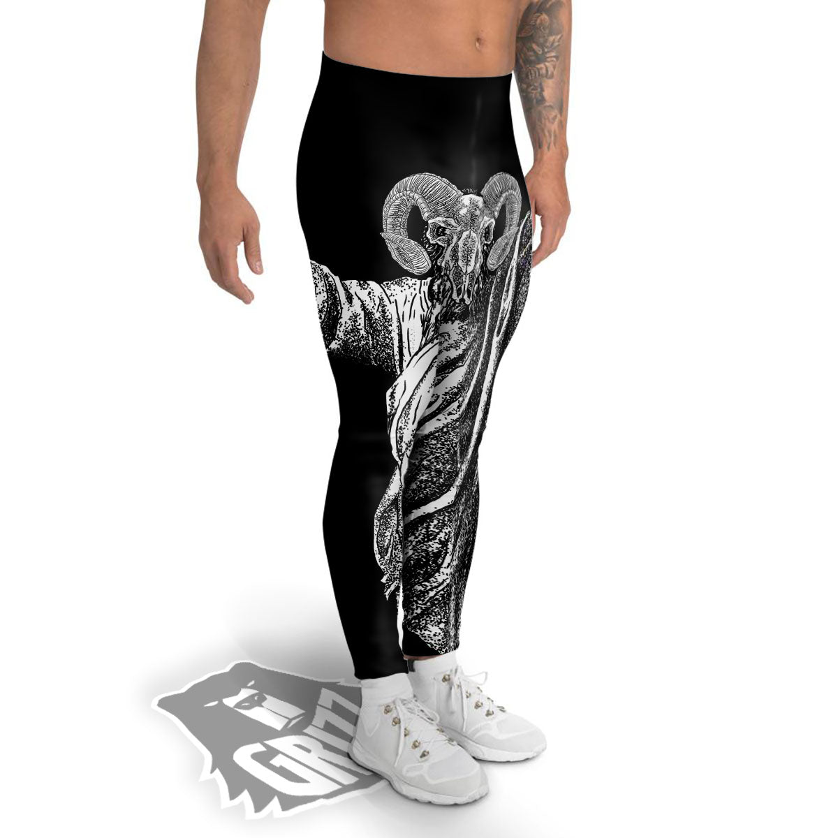 Black And White Demon Goat Print Men's Leggings-grizzshop