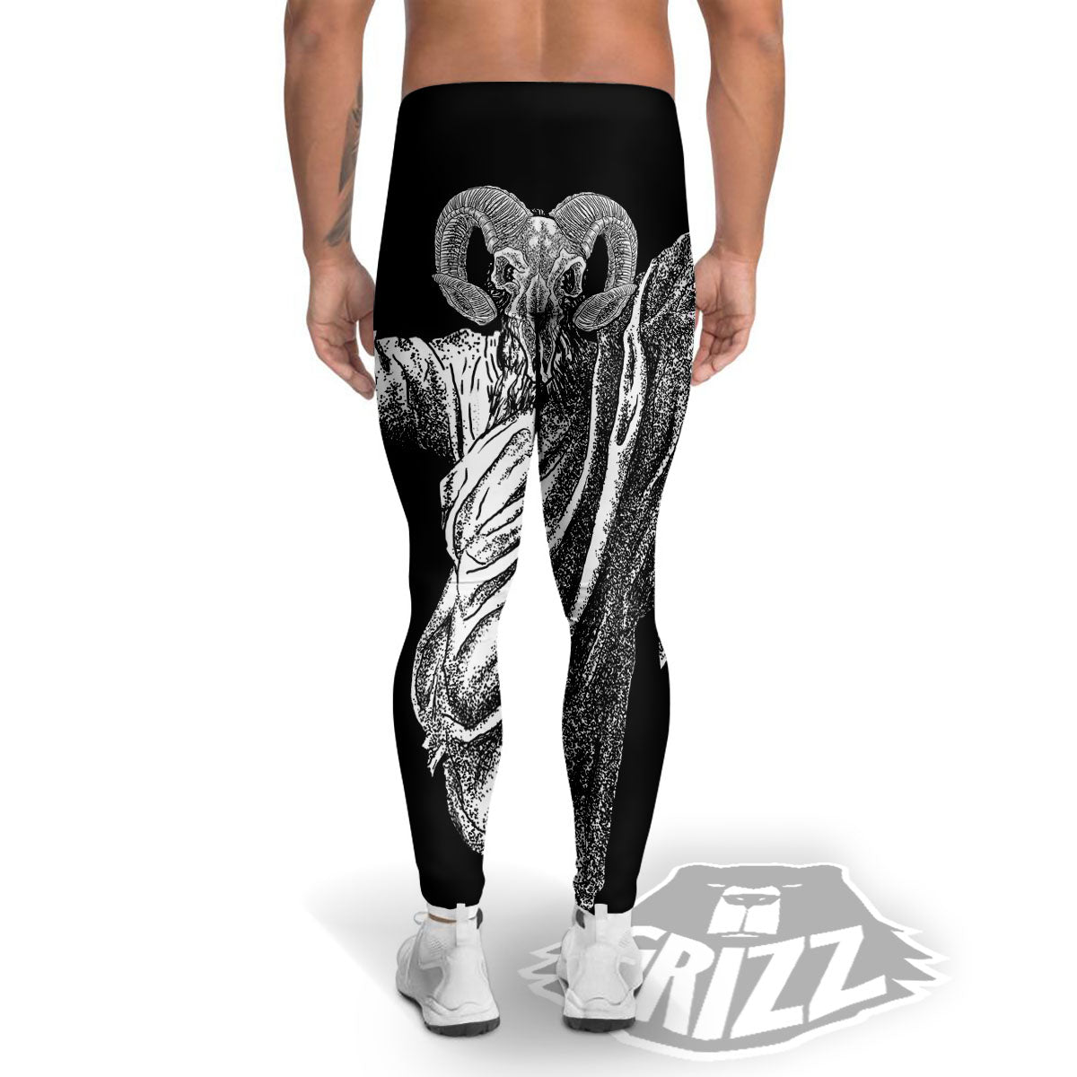 Black And White Demon Goat Print Men's Leggings-grizzshop
