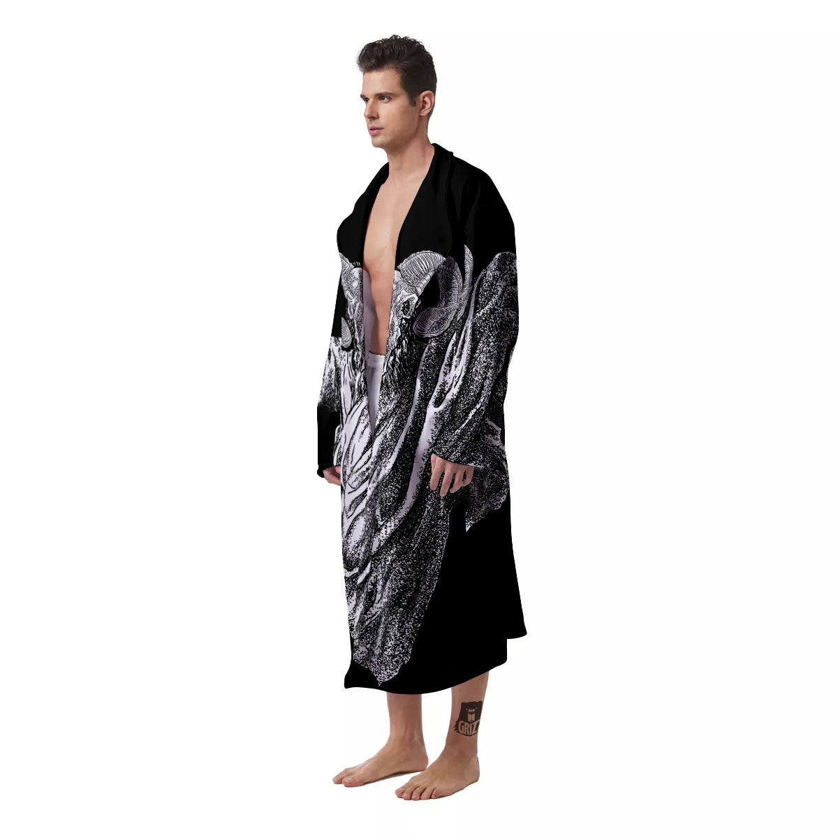 Black And White Demon Goat Print Men's Robe-grizzshop