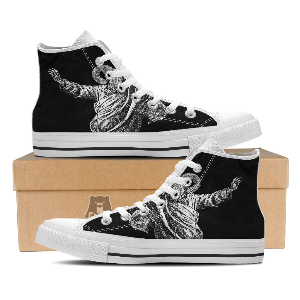 Black And White Demon Goat Print White High Top Shoes-grizzshop